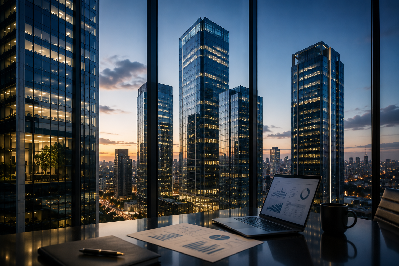 Escritório executivo com vista da cidade ao entardecer, representando orientação estratégica para ativos imobiliários.