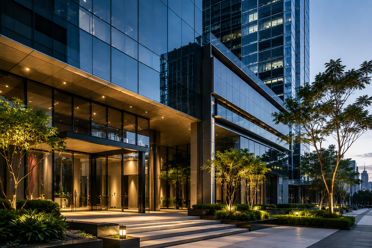 Edifício corporativo contemporâneo representando avaliação de ativos imobiliários.